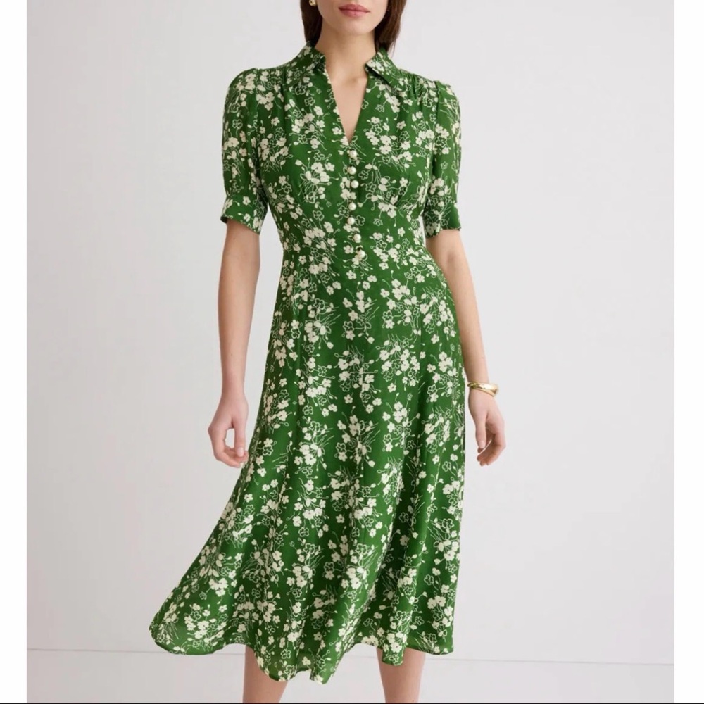 LK Bennett Green Floral Sophie Midi Dress with Button Front, size 6